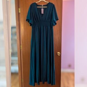 Bridal Ruched Teal Flutter Sleeve Cottagecore Fairy Maxi Gown